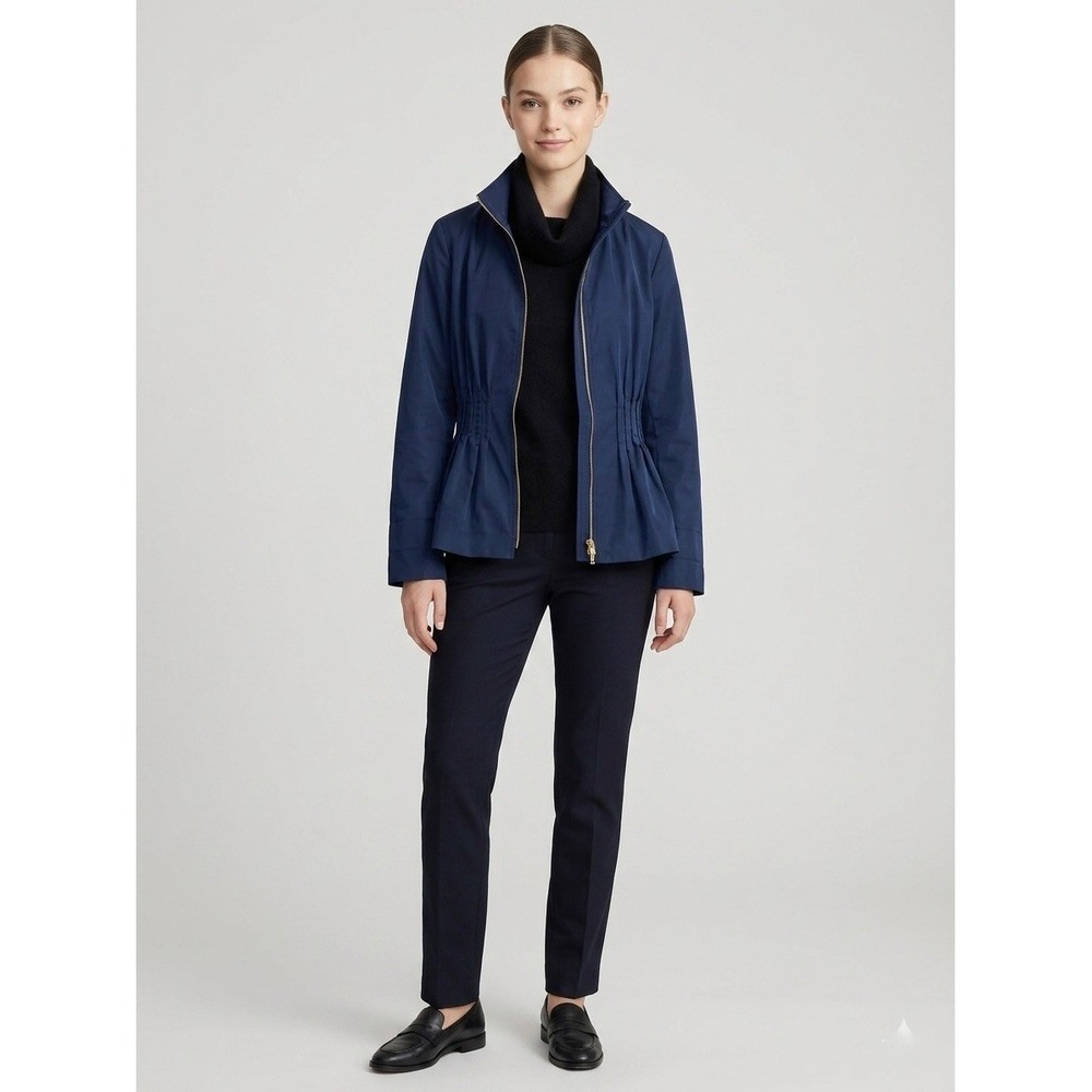Lafayette 148 New York Navy Blue Smocked Waist Zip Up Jacket Tech Fabric Large